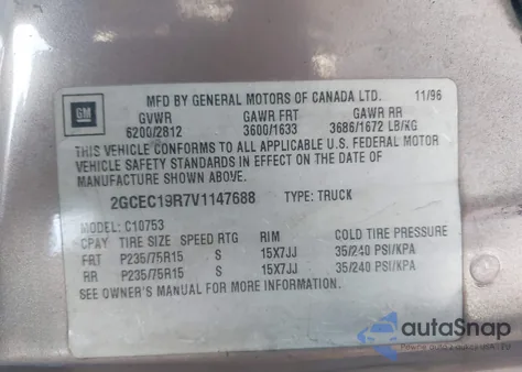 1997 Chevrolet C1500 Fleetside from USA, damaged, VIN 2GCEC19R7V1147688